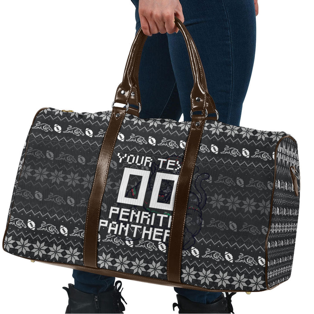 Personalized Penrith Panthers Christmas Travel Bag Australian Rugby Fans - Pixelated Ugly Xmas Pattern Mascot Santa