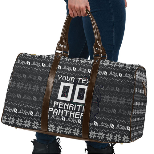 Personalized Penrith Panthers Christmas Travel Bag Australian Rugby Fans - Pixelated Ugly Xmas Pattern Mascot Santa