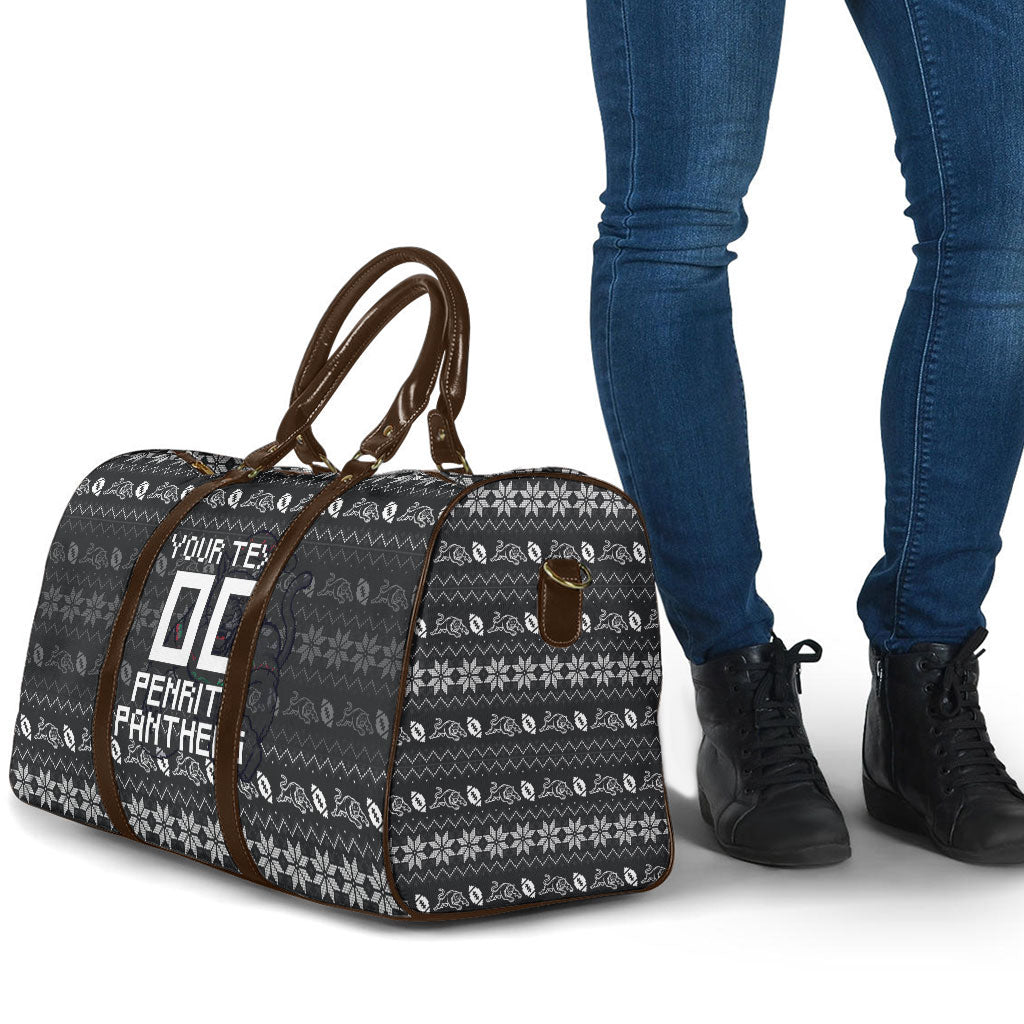 Personalized Penrith Panthers Christmas Travel Bag Australian Rugby Fans - Pixelated Ugly Xmas Pattern Mascot Santa