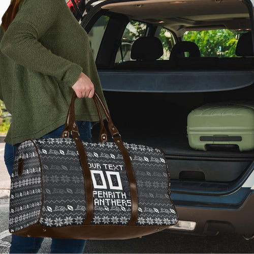 Personalized Penrith Panthers Christmas Travel Bag Australian Rugby Fans - Pixelated Ugly Xmas Pattern Mascot Santa