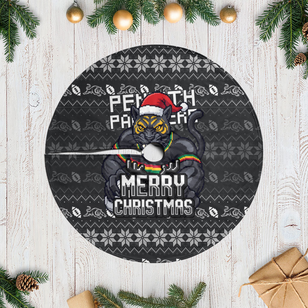 Penrith Panthers Christmas Tree Skirt Australian Rugby Fans - Pixelated Ugly Xmas Pattern Mascot Santa