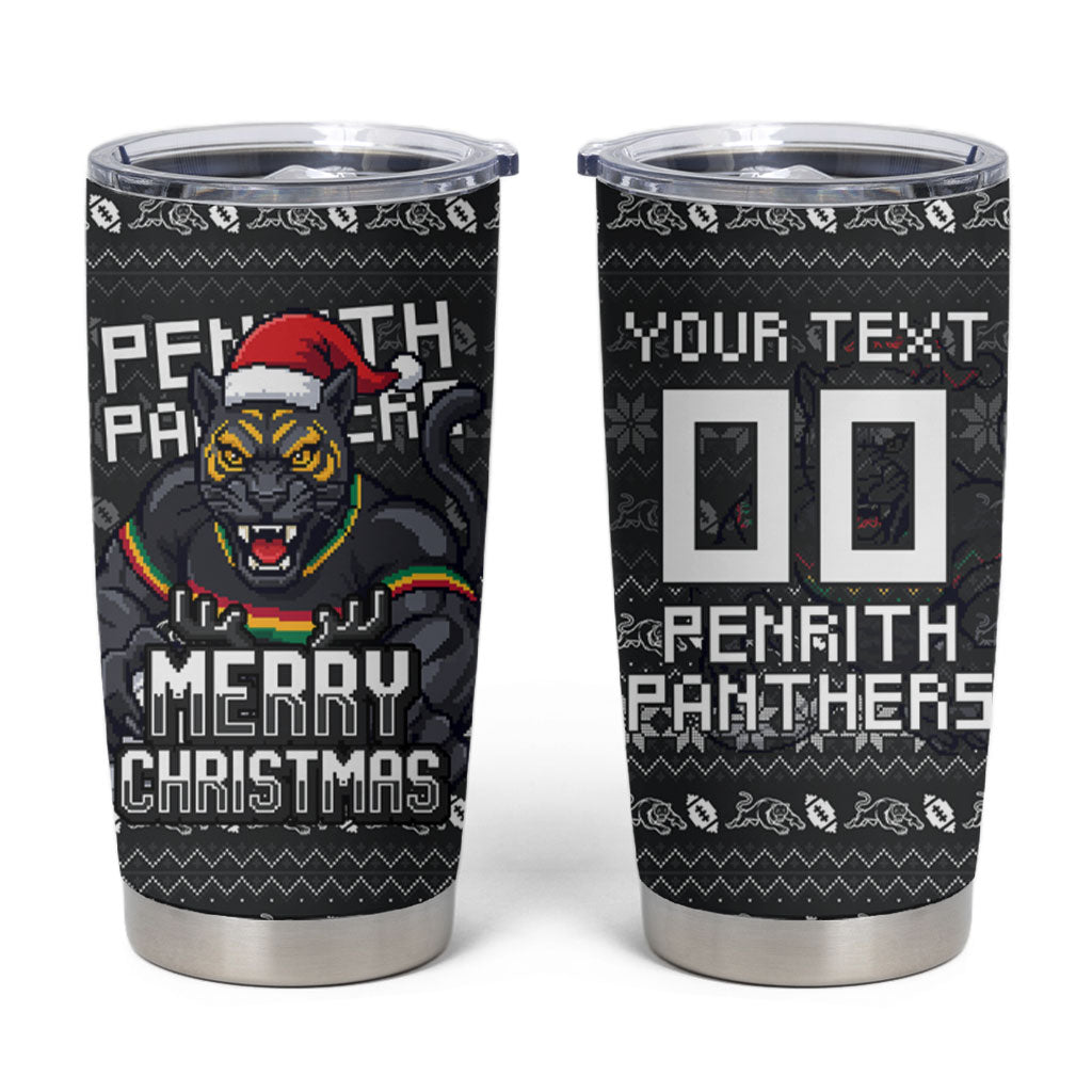 Personalized Penrith Panthers Christmas Tumbler Cup Australian Rugby Fans - Pixelated Ugly Xmas Pattern Mascot Santa