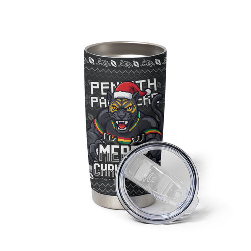 Personalized Penrith Panthers Christmas Tumbler Cup Australian Rugby Fans - Pixelated Ugly Xmas Pattern Mascot Santa