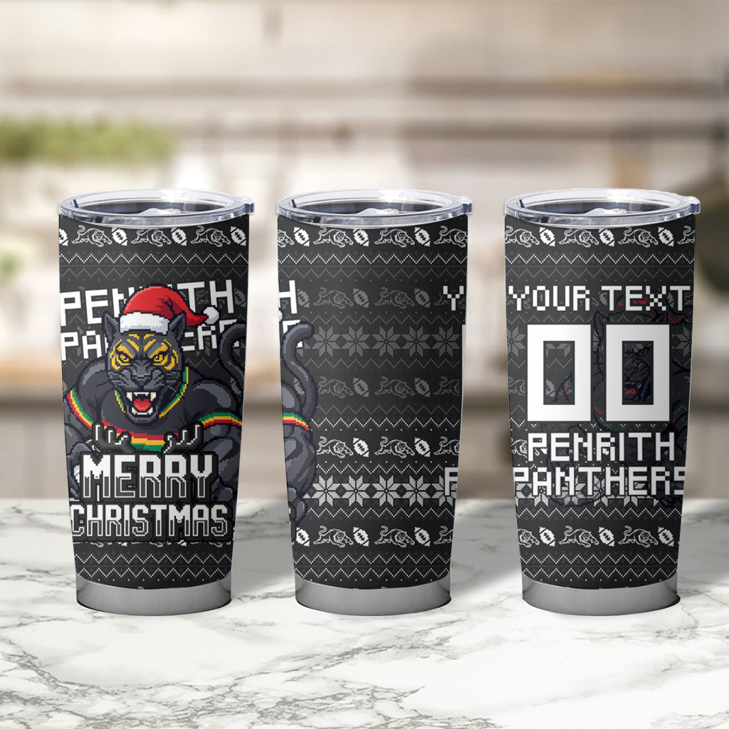 Personalized Penrith Panthers Christmas Tumbler Cup Australian Rugby Fans - Pixelated Ugly Xmas Pattern Mascot Santa