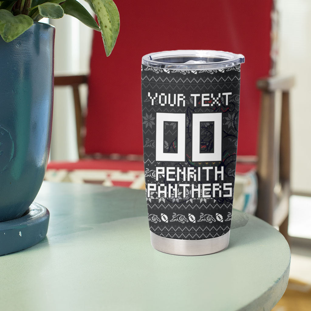 Personalized Penrith Panthers Christmas Tumbler Cup Australian Rugby Fans - Pixelated Ugly Xmas Pattern Mascot Santa