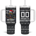 Personalized Penrith Panthers Christmas Tumbler With Handle Australian Rugby Fans - Pixelated Ugly Xmas Pattern Mascot Santa
