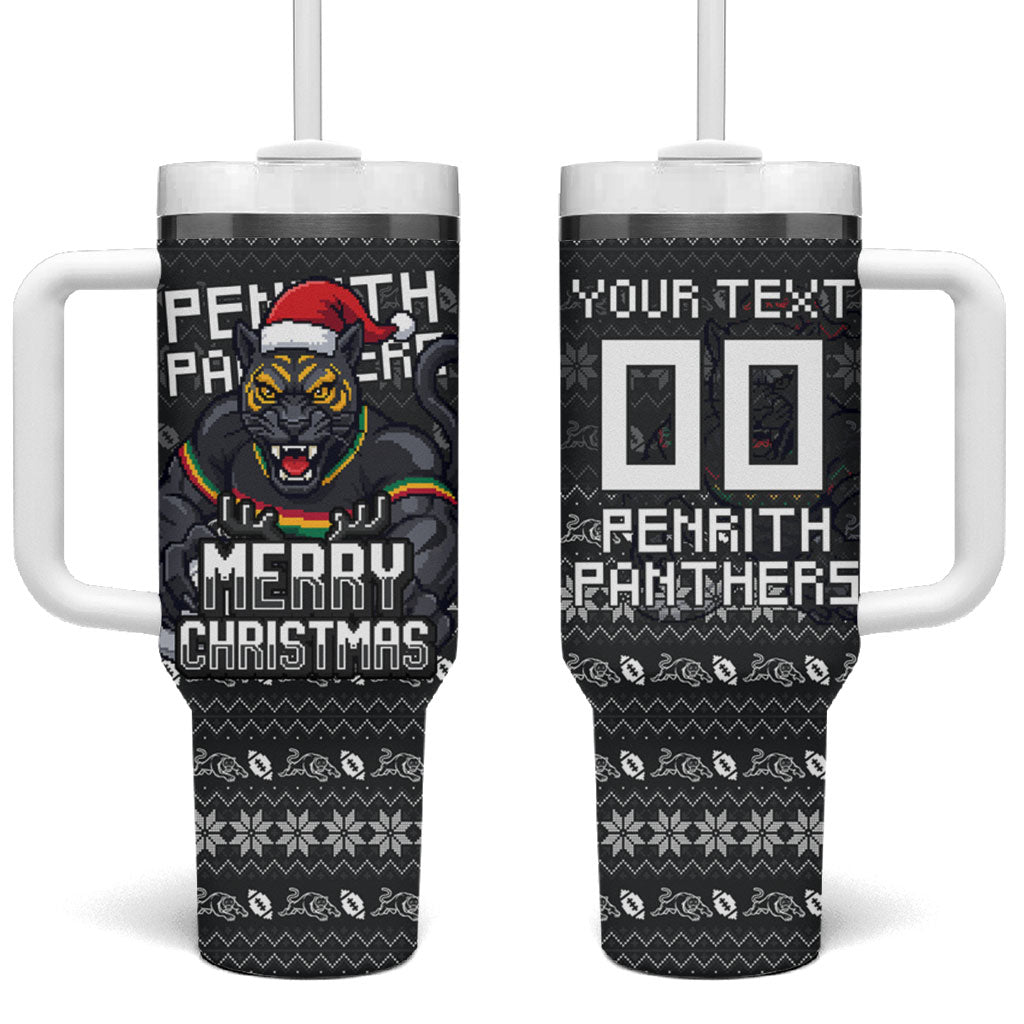 Personalized Penrith Panthers Christmas Tumbler With Handle Australian Rugby Fans - Pixelated Ugly Xmas Pattern Mascot Santa