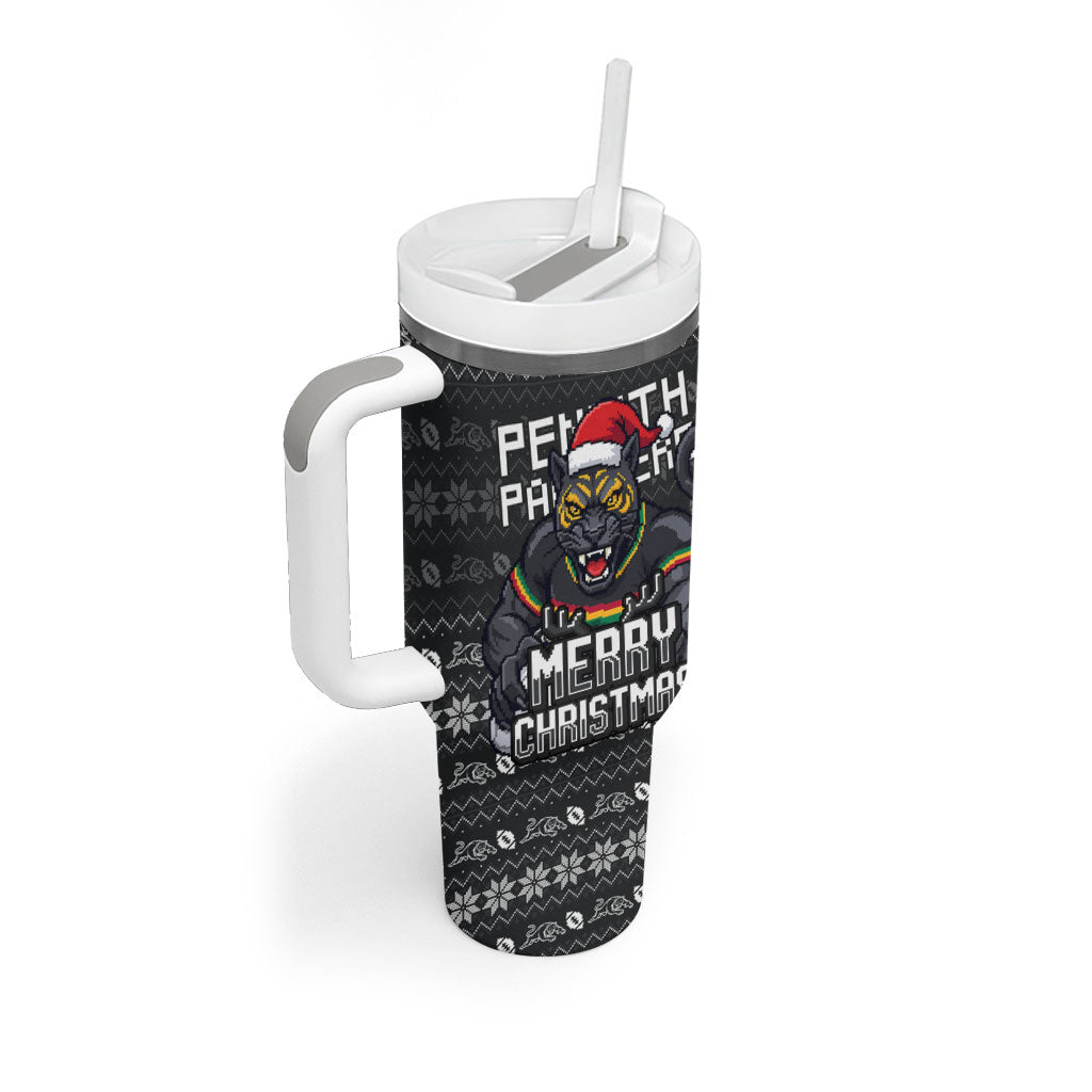Personalized Penrith Panthers Christmas Tumbler With Handle Australian Rugby Fans - Pixelated Ugly Xmas Pattern Mascot Santa