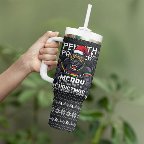 Personalized Penrith Panthers Christmas Tumbler With Handle Australian Rugby Fans - Pixelated Ugly Xmas Pattern Mascot Santa