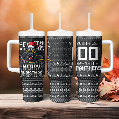 Personalized Penrith Panthers Christmas Tumbler With Handle Australian Rugby Fans - Pixelated Ugly Xmas Pattern Mascot Santa