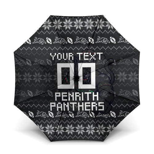 Personalized Penrith Panthers Christmas Umbrella Australian Rugby Fans - Pixelated Ugly Xmas Pattern Mascot Santa