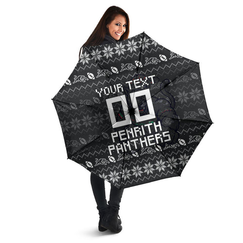 Personalized Penrith Panthers Christmas Umbrella Australian Rugby Fans - Pixelated Ugly Xmas Pattern Mascot Santa