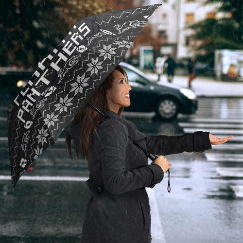 Personalized Penrith Panthers Christmas Umbrella Australian Rugby Fans - Pixelated Ugly Xmas Pattern Mascot Santa