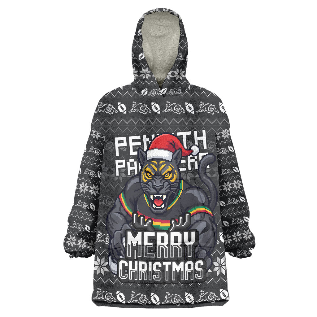 Personalized Penrith Panthers Christmas Wearable Blanket Hoodie Australian Rugby Fans - Pixelated Ugly Xmas Pattern Mascot Santa