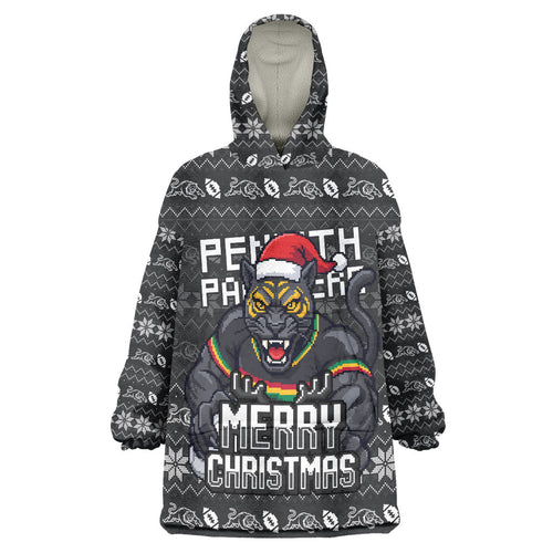 Personalized Penrith Panthers Christmas Wearable Blanket Hoodie Australian Rugby Fans - Pixelated Ugly Xmas Pattern Mascot Santa
