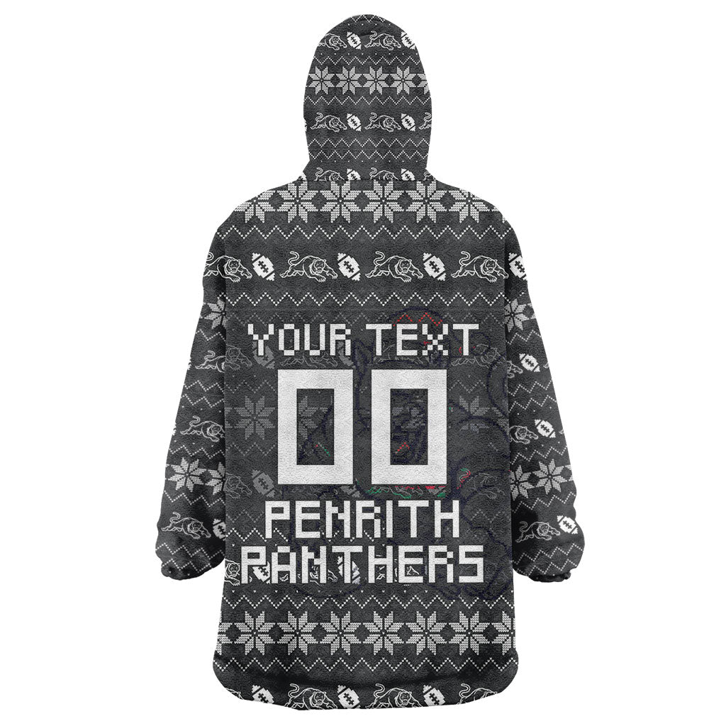 Personalized Penrith Panthers Christmas Wearable Blanket Hoodie Australian Rugby Fans - Pixelated Ugly Xmas Pattern Mascot Santa