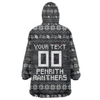 Personalized Penrith Panthers Christmas Wearable Blanket Hoodie Australian Rugby Fans - Pixelated Ugly Xmas Pattern Mascot Santa