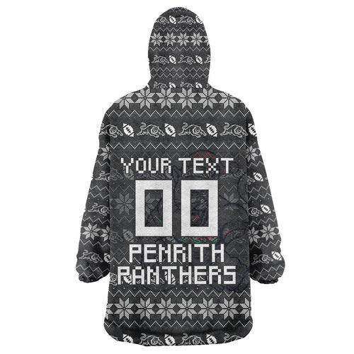 Personalized Penrith Panthers Christmas Wearable Blanket Hoodie Australian Rugby Fans - Pixelated Ugly Xmas Pattern Mascot Santa