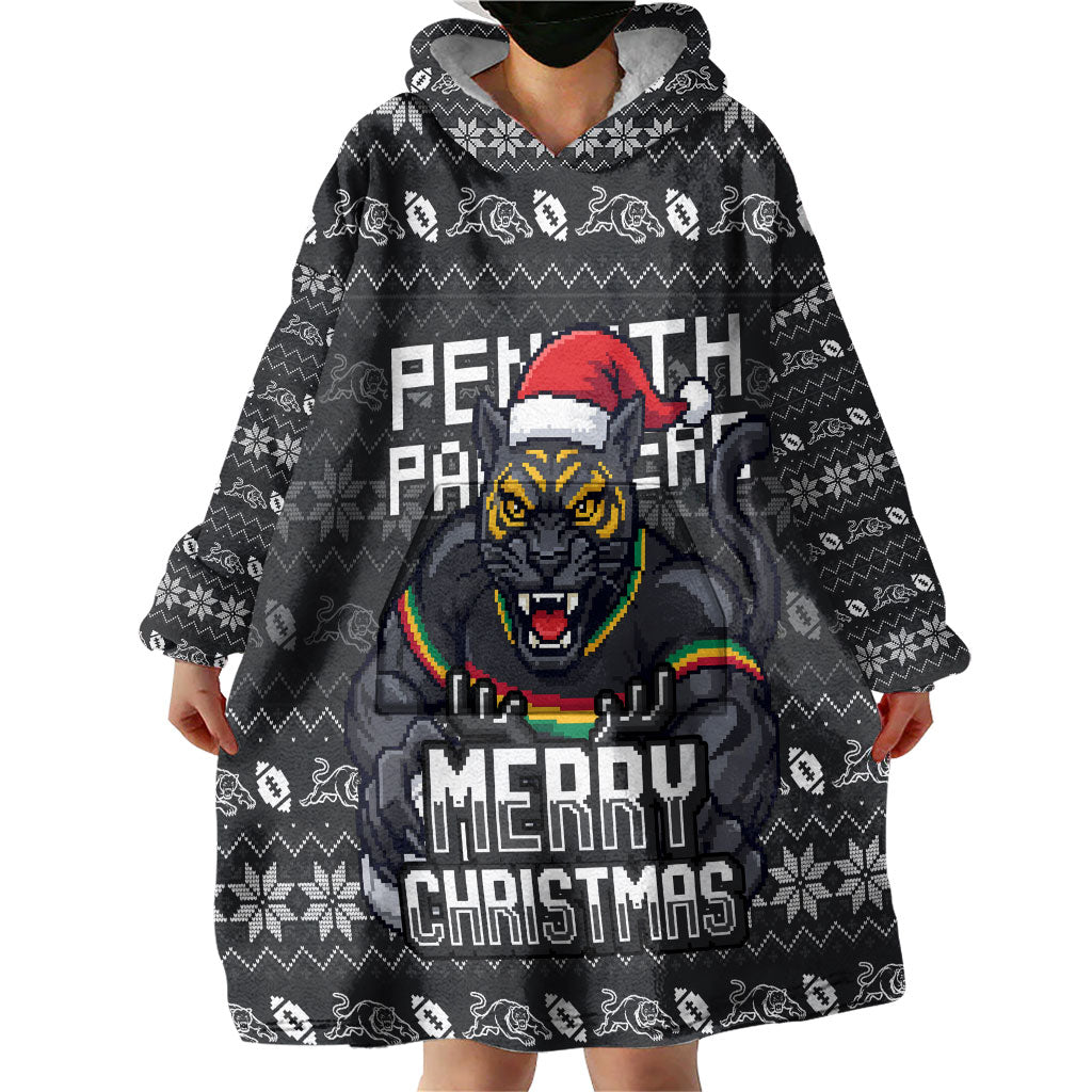 Personalized Penrith Panthers Christmas Wearable Blanket Hoodie Australian Rugby Fans - Pixelated Ugly Xmas Pattern Mascot Santa