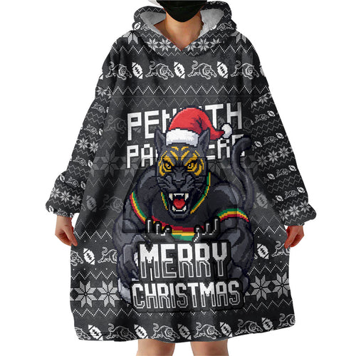 Personalized Penrith Panthers Christmas Wearable Blanket Hoodie Australian Rugby Fans - Pixelated Ugly Xmas Pattern Mascot Santa