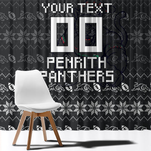 Personalized Penrith Panthers Christmas Window Curtain Australian Rugby Fans - Pixelated Ugly Xmas Pattern Mascot Santa