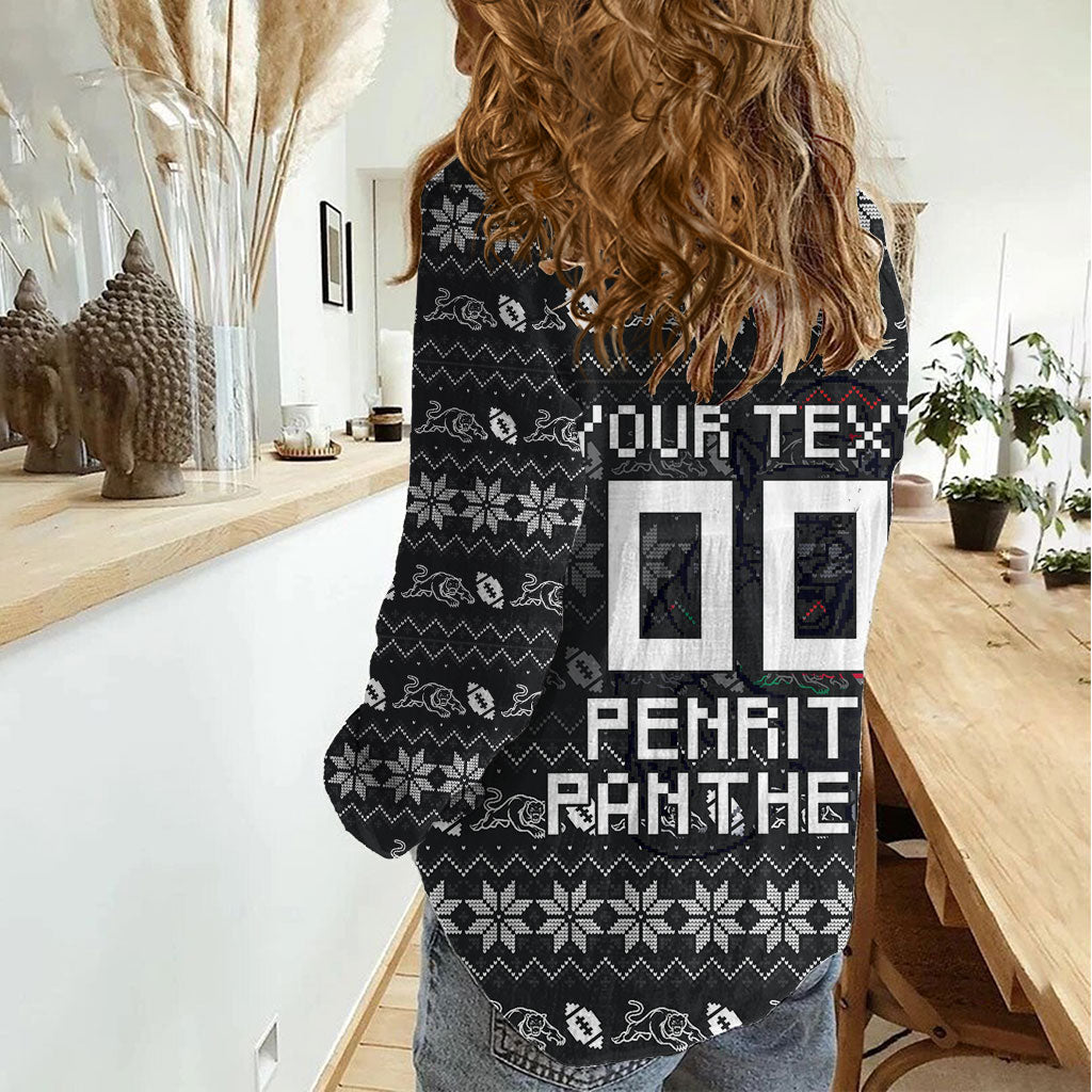 Personalized Penrith Panthers Christmas Women Casual Shirt Australian Rugby Fans - Pixelated Ugly Xmas Pattern Mascot Santa