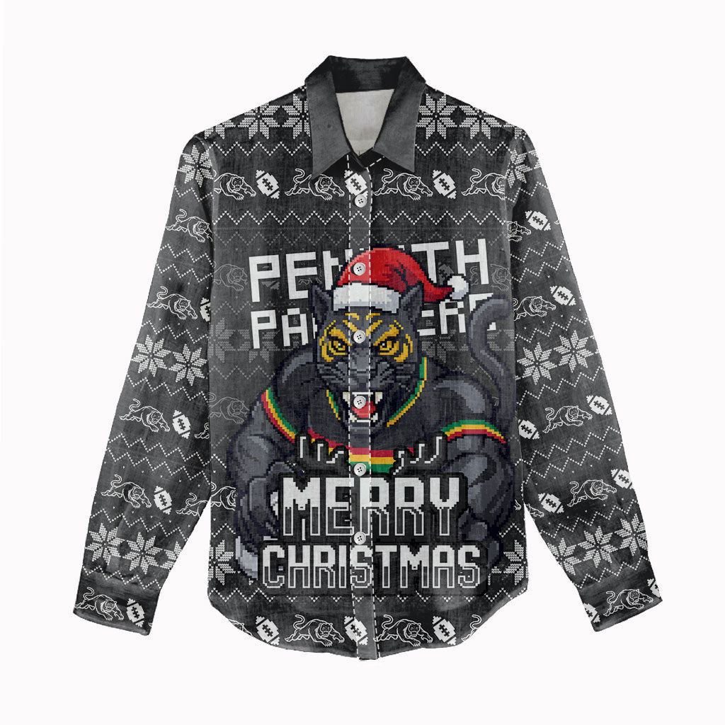Personalized Penrith Panthers Christmas Women Casual Shirt Australian Rugby Fans - Pixelated Ugly Xmas Pattern Mascot Santa