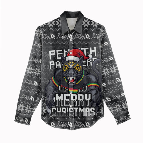 Personalized Penrith Panthers Christmas Women Casual Shirt Australian Rugby Fans - Pixelated Ugly Xmas Pattern Mascot Santa
