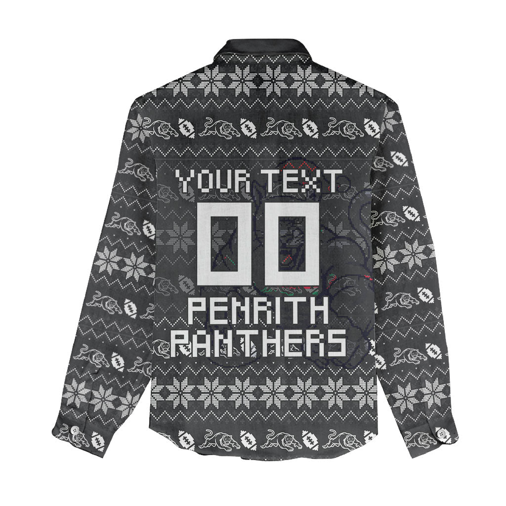 Personalized Penrith Panthers Christmas Women Casual Shirt Australian Rugby Fans - Pixelated Ugly Xmas Pattern Mascot Santa