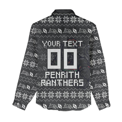 Personalized Penrith Panthers Christmas Women Casual Shirt Australian Rugby Fans - Pixelated Ugly Xmas Pattern Mascot Santa