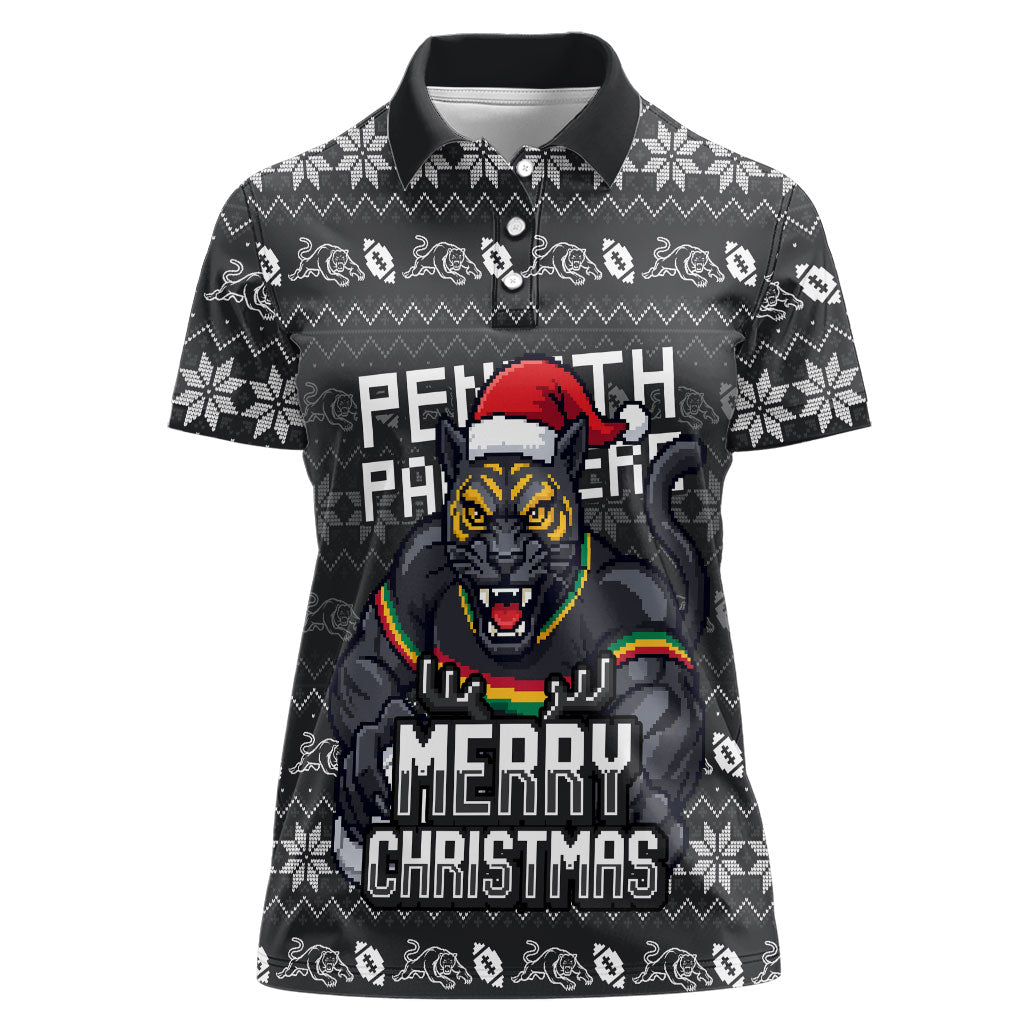 Personalized Penrith Panthers Christmas Women Polo Shirt Australian Rugby Fans - Pixelated Ugly Xmas Pattern Mascot Santa