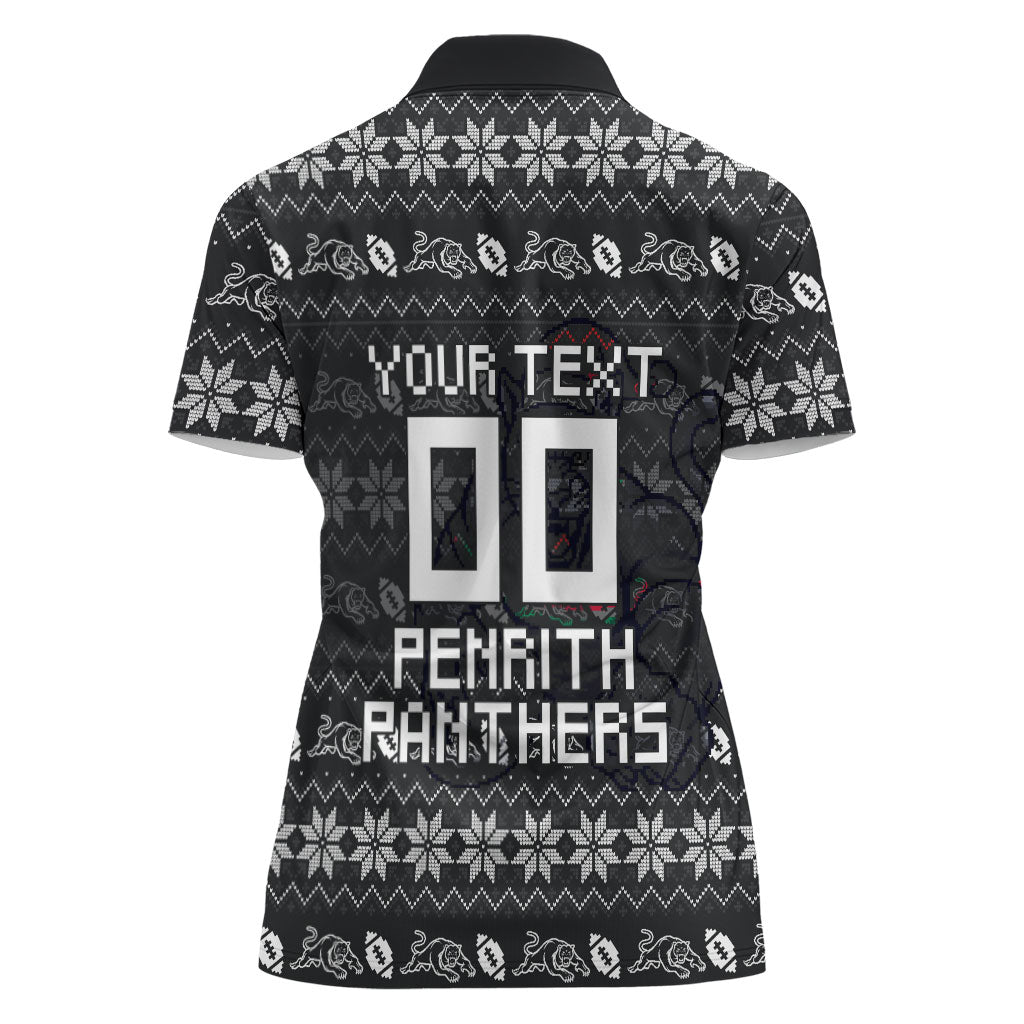 Personalized Penrith Panthers Christmas Women Polo Shirt Australian Rugby Fans - Pixelated Ugly Xmas Pattern Mascot Santa