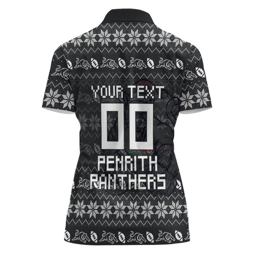 Personalized Penrith Panthers Christmas Women Polo Shirt Australian Rugby Fans - Pixelated Ugly Xmas Pattern Mascot Santa