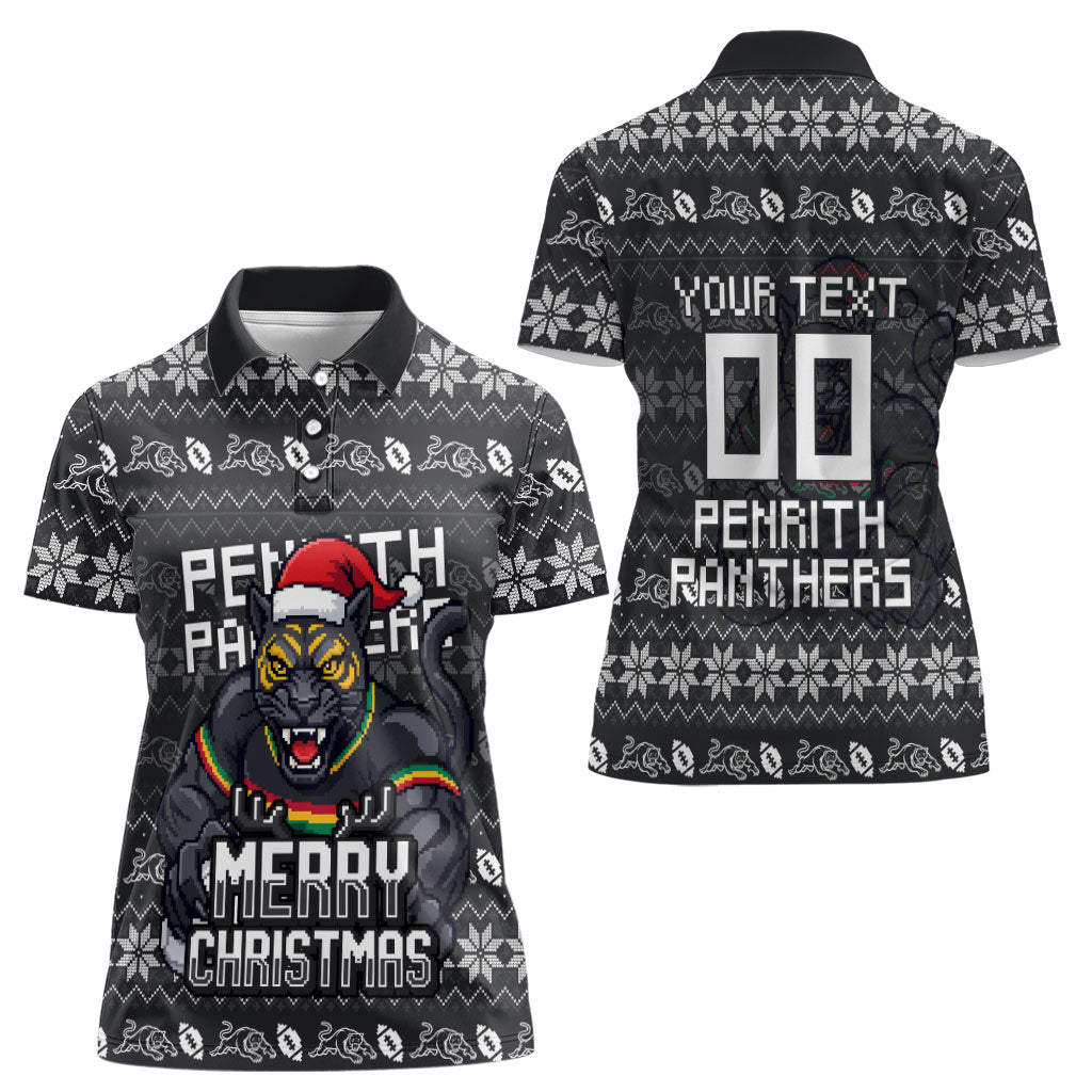 Personalized Penrith Panthers Christmas Women Polo Shirt Australian Rugby Fans - Pixelated Ugly Xmas Pattern Mascot Santa