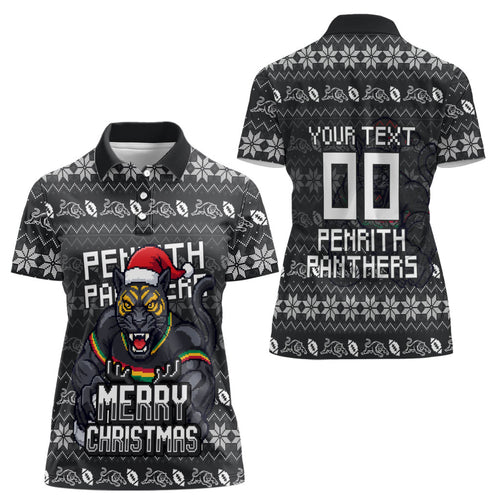 Personalized Penrith Panthers Christmas Women Polo Shirt Australian Rugby Fans - Pixelated Ugly Xmas Pattern Mascot Santa