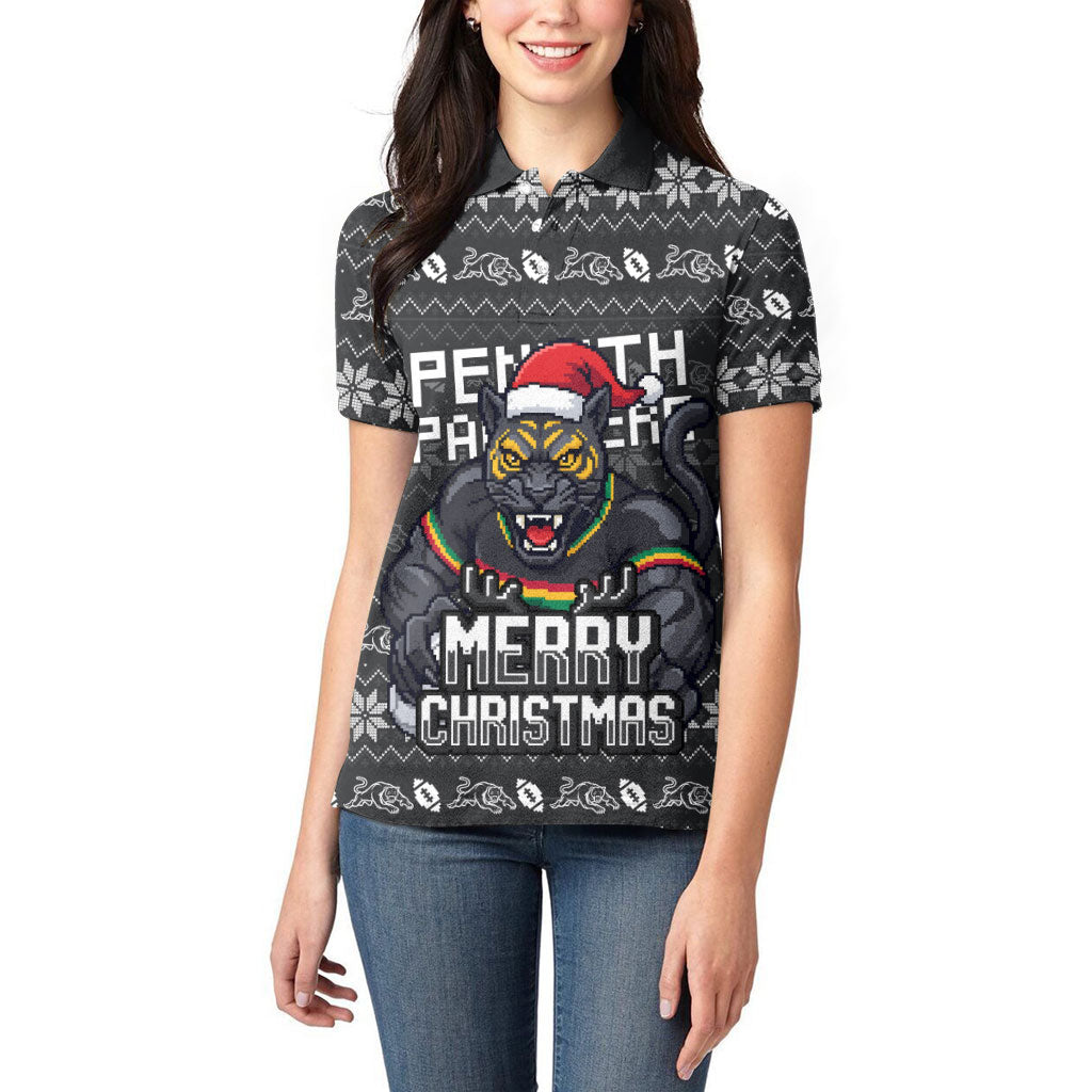 Personalized Penrith Panthers Christmas Women Polo Shirt Australian Rugby Fans - Pixelated Ugly Xmas Pattern Mascot Santa