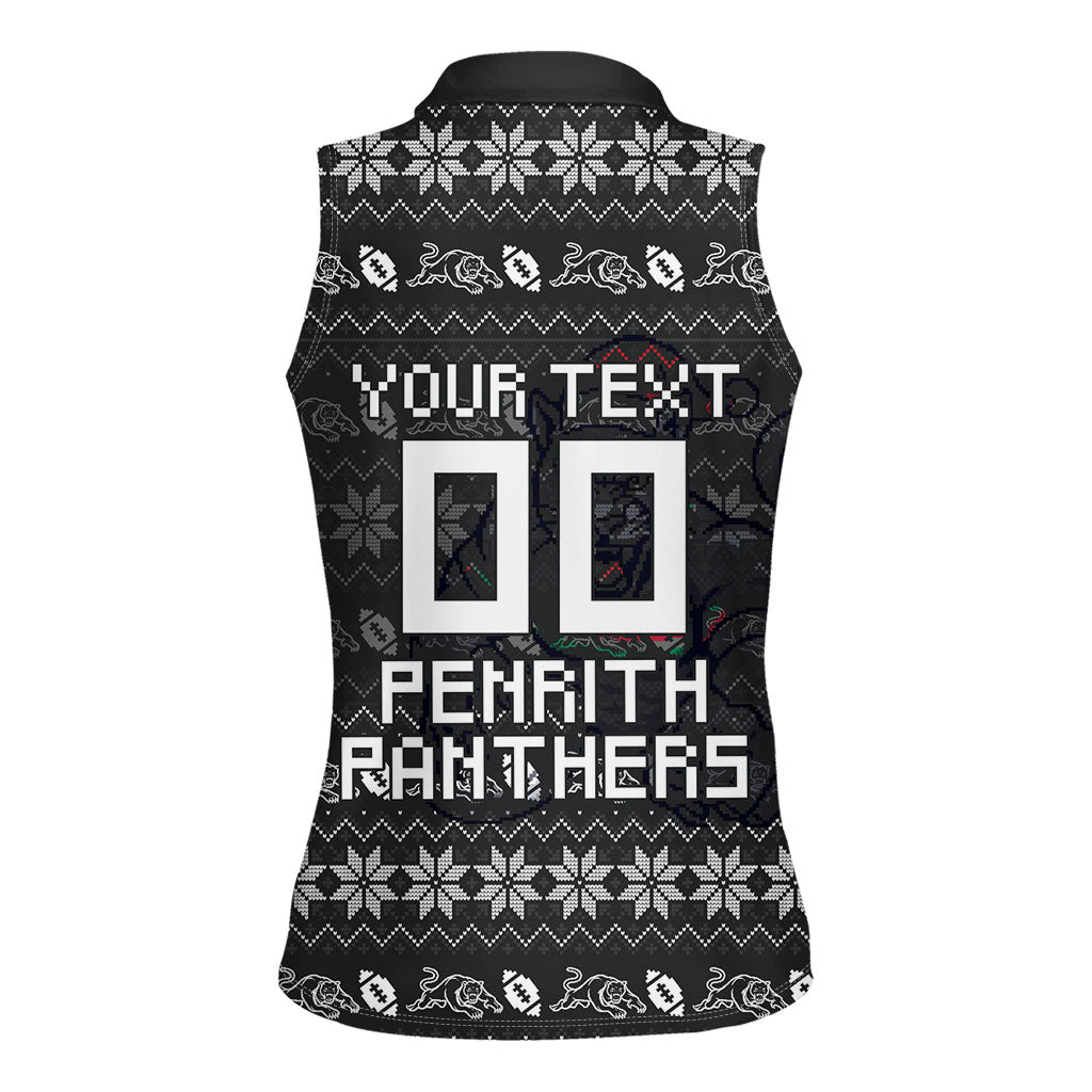 Personalized Penrith Panthers Christmas Women Sleeveless Polo Shirt Australian Rugby Fans - Pixelated Ugly Xmas Pattern Mascot Santa