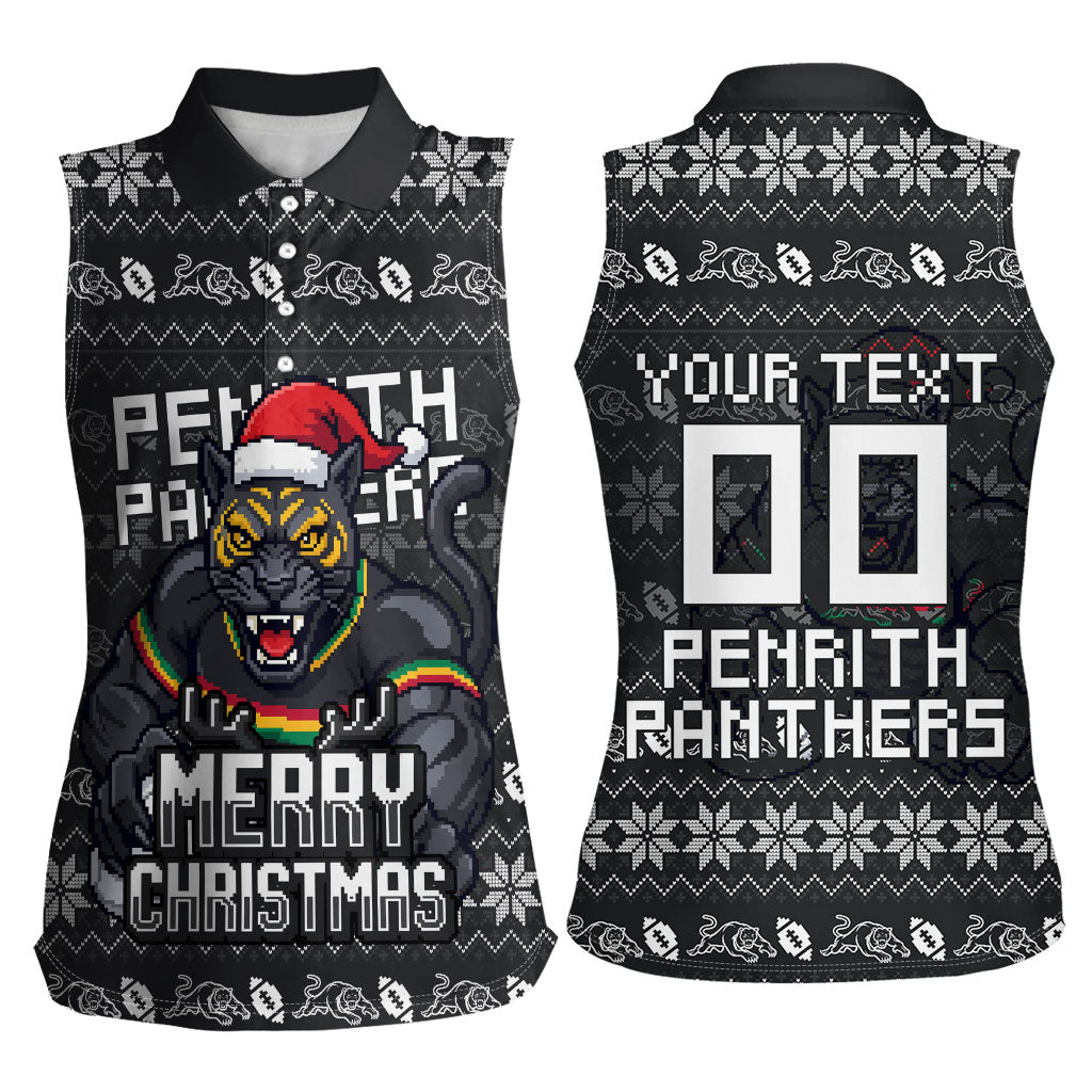 Personalized Penrith Panthers Christmas Women Sleeveless Polo Shirt Australian Rugby Fans - Pixelated Ugly Xmas Pattern Mascot Santa