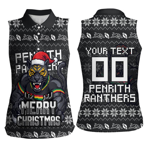 Personalized Penrith Panthers Christmas Women Sleeveless Polo Shirt Australian Rugby Fans - Pixelated Ugly Xmas Pattern Mascot Santa