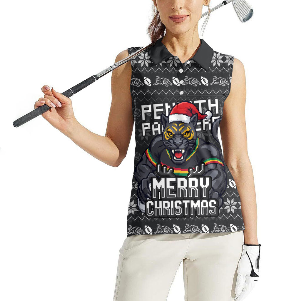 Personalized Penrith Panthers Christmas Women Sleeveless Polo Shirt Australian Rugby Fans - Pixelated Ugly Xmas Pattern Mascot Santa