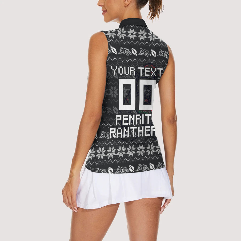 Personalized Penrith Panthers Christmas Women Sleeveless Polo Shirt Australian Rugby Fans - Pixelated Ugly Xmas Pattern Mascot Santa