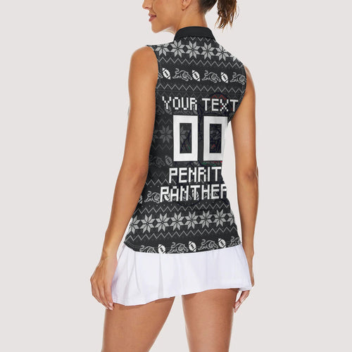 Personalized Penrith Panthers Christmas Women Sleeveless Polo Shirt Australian Rugby Fans - Pixelated Ugly Xmas Pattern Mascot Santa