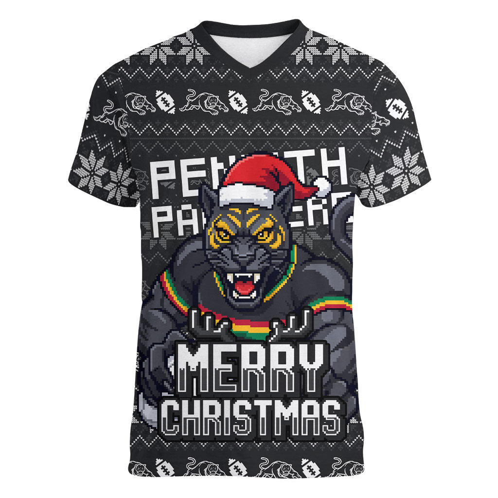 Personalized Penrith Panthers Christmas Women V-Neck T-Shirt Australian Rugby Fans - Pixelated Ugly Xmas Pattern Mascot Santa