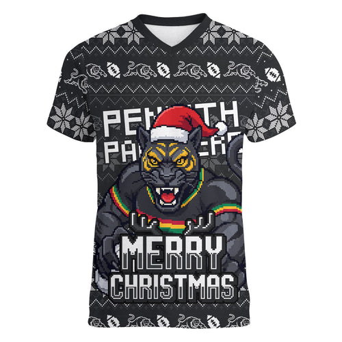 Personalized Penrith Panthers Christmas Women V-Neck T-Shirt Australian Rugby Fans - Pixelated Ugly Xmas Pattern Mascot Santa