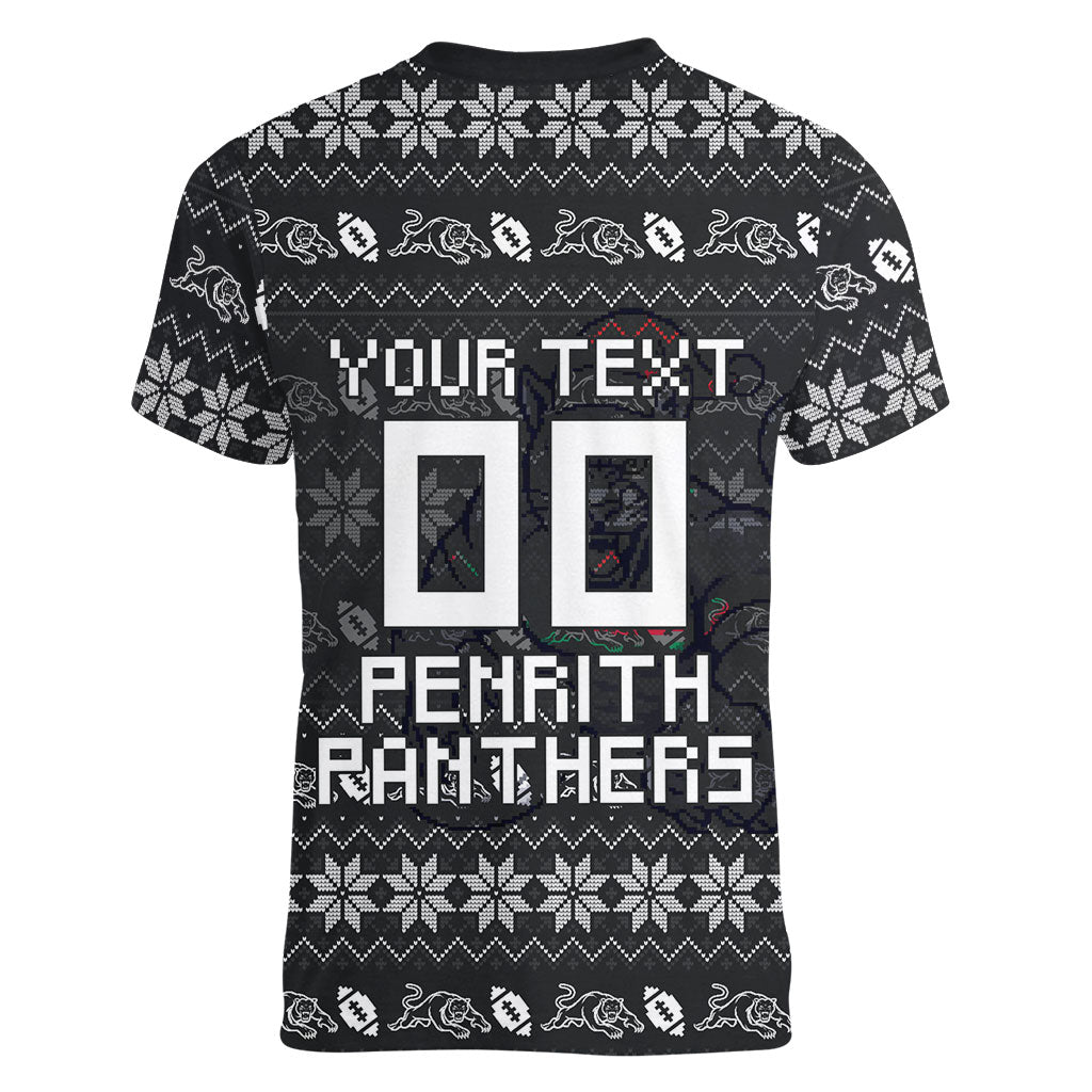 Personalized Penrith Panthers Christmas Women V-Neck T-Shirt Australian Rugby Fans - Pixelated Ugly Xmas Pattern Mascot Santa