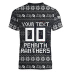Personalized Penrith Panthers Christmas Women V-Neck T-Shirt Australian Rugby Fans - Pixelated Ugly Xmas Pattern Mascot Santa