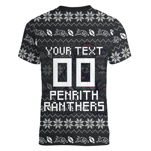 Personalized Penrith Panthers Christmas Women V-Neck T-Shirt Australian Rugby Fans - Pixelated Ugly Xmas Pattern Mascot Santa