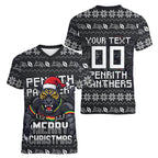 Personalized Penrith Panthers Christmas Women V-Neck T-Shirt Australian Rugby Fans - Pixelated Ugly Xmas Pattern Mascot Santa