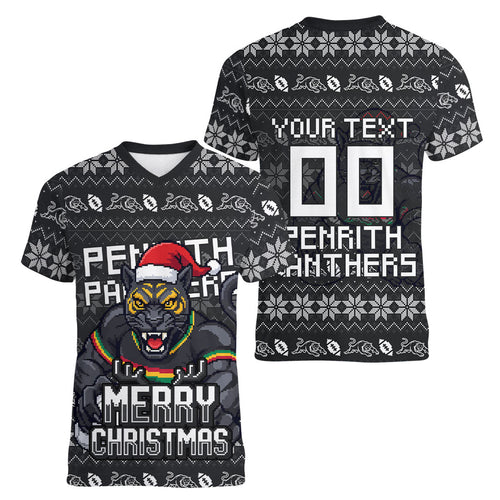Personalized Penrith Panthers Christmas Women V-Neck T-Shirt Australian Rugby Fans - Pixelated Ugly Xmas Pattern Mascot Santa