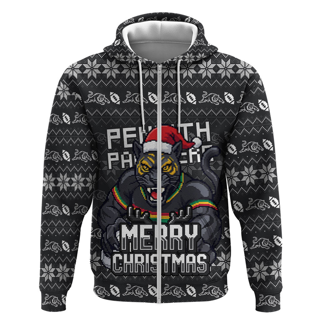 Personalized Penrith Panthers Christmas Zip Hoodie Australian Rugby Fans - Pixelated Ugly Xmas Pattern Mascot Santa